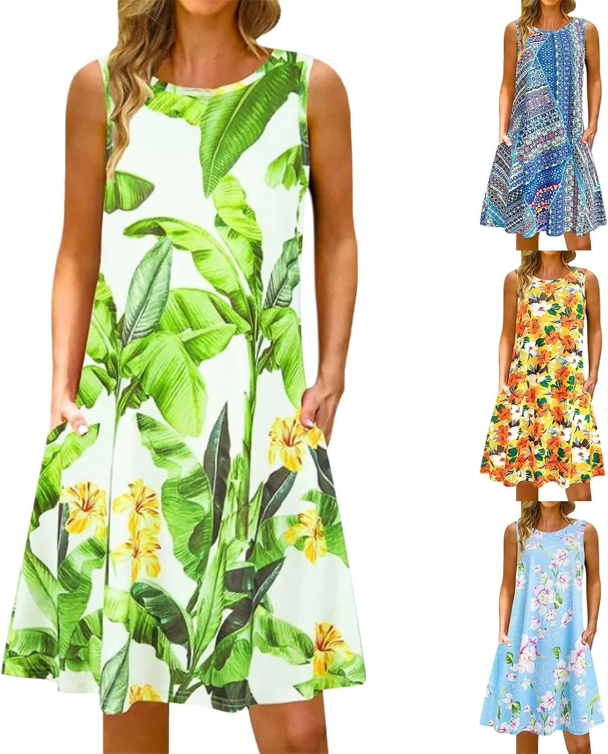 Summer Dresses for Women 2024 Casual Sleeveless Boho Floral Petite Sundress Plus Size Vacation Flowy Midi Dress