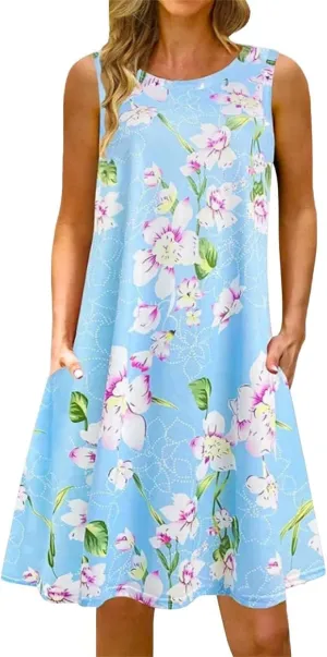 Summer Dresses for Women 2024 Casual Sleeveless Boho Floral Petite Sundress Plus Size Vacation Flowy Midi Dress