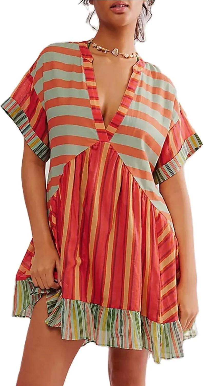 Summer Dresses for Women 2024 Deep V-Neck Casual Hot Shot Mini Dress Boho Cute Floral Babydoll Flowy Sundresses