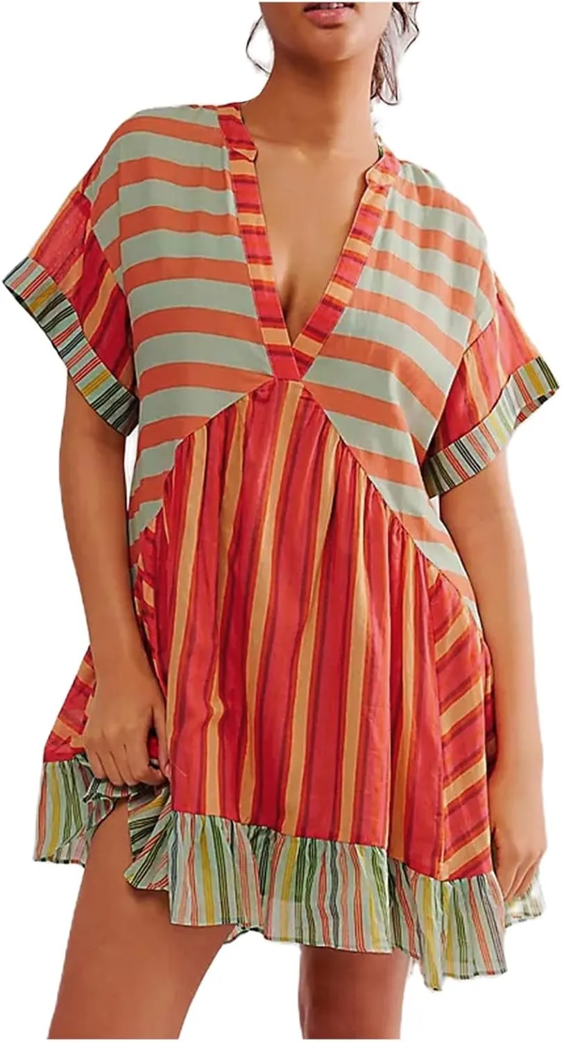 Summer Dresses for Women 2024 Deep V-Neck Casual Hot Shot Mini Dress Boho Cute Floral Babydoll Flowy Sundresses