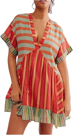Summer Dresses for Women 2024 Deep V-Neck Casual Hot Shot Mini Dress Boho Cute Floral Babydoll Flowy Sundresses