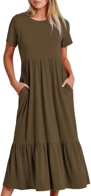 Summer Dresses for Women 2024 Maxi Casual Short Sleeve Crewneck Dress Flowy Swing Beach Sundresses with Pockets
