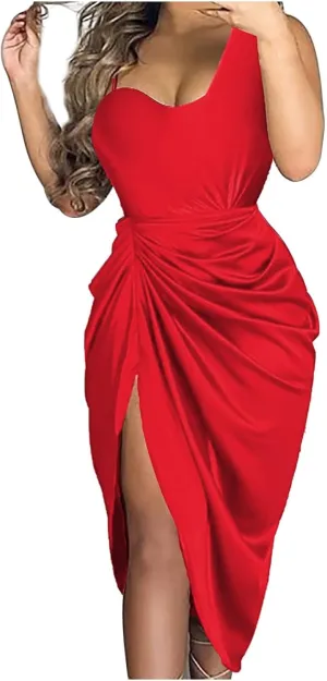 Summer Dresses for Women 2024 One Shoulder Sexy Hip Wrap Dress Short Sleeve Ruffle Irregular Wedding Guest Dresses