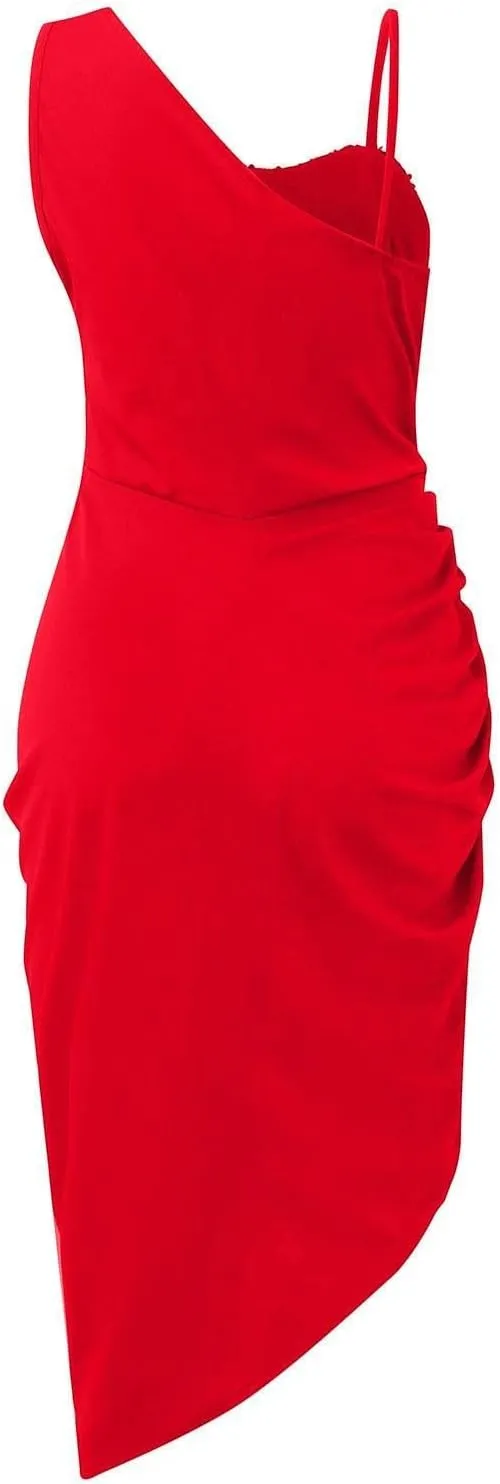 Summer Dresses for Women 2024 One Shoulder Sexy Hip Wrap Dress Short Sleeve Ruffle Irregular Wedding Guest Dresses