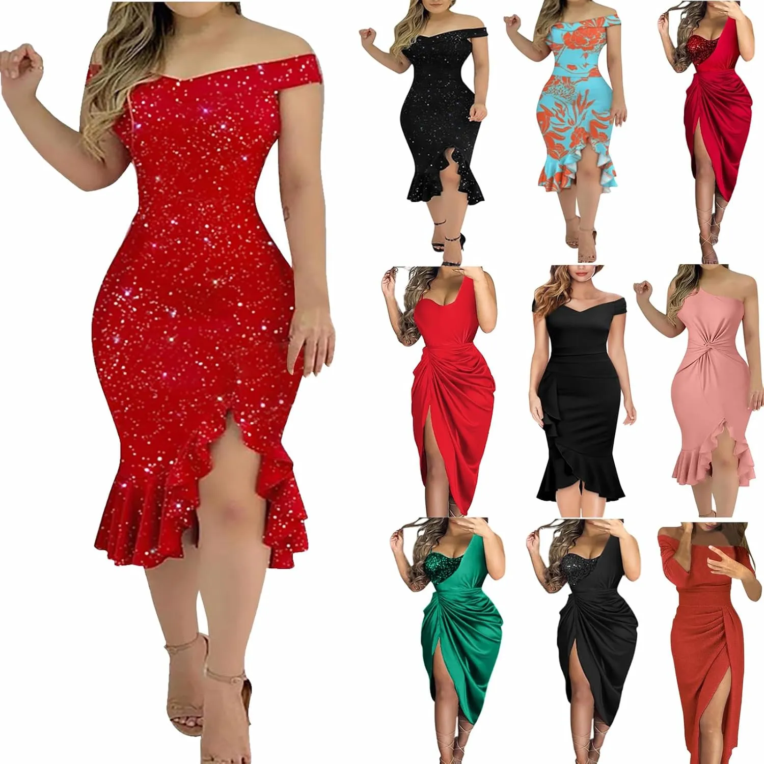 Summer Dresses for Women 2024 One Shoulder Sexy Hip Wrap Dress Short Sleeve Ruffle Irregular Wedding Guest Dresses
