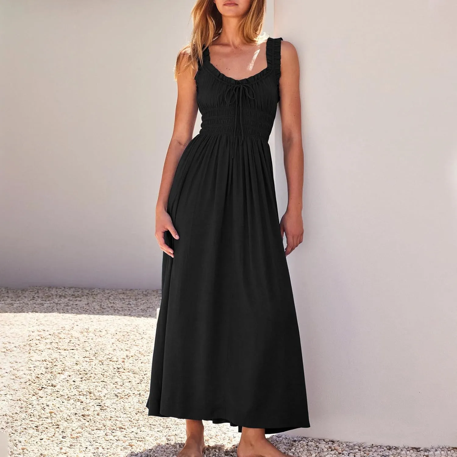 Summer Dresses for Women 2024 Smocked A Line Maxi Dress Sleeveless High Waist Beach Sun Dresses Flowy Milkmaid Dress