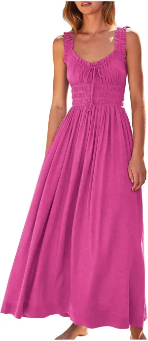 Summer Dresses for Women 2024 Smocked A Line Maxi Dress Sleeveless High Waist Beach Sun Dresses Flowy Milkmaid Dress
