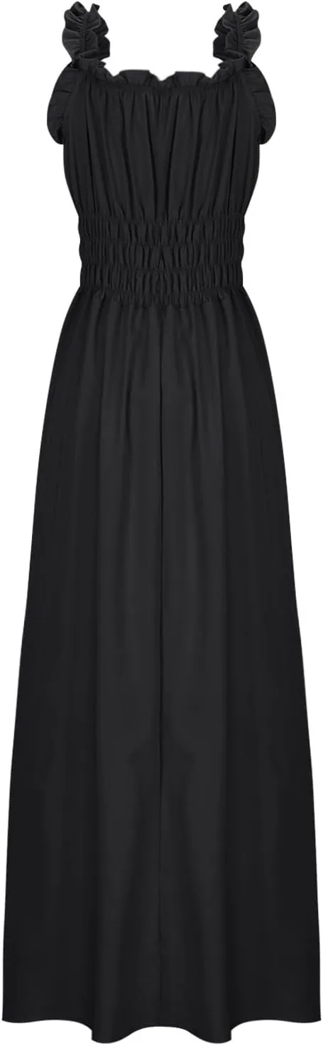 Summer Dresses for Women 2024 Smocked A Line Maxi Dress Sleeveless High Waist Beach Sun Dresses Flowy Milkmaid Dress