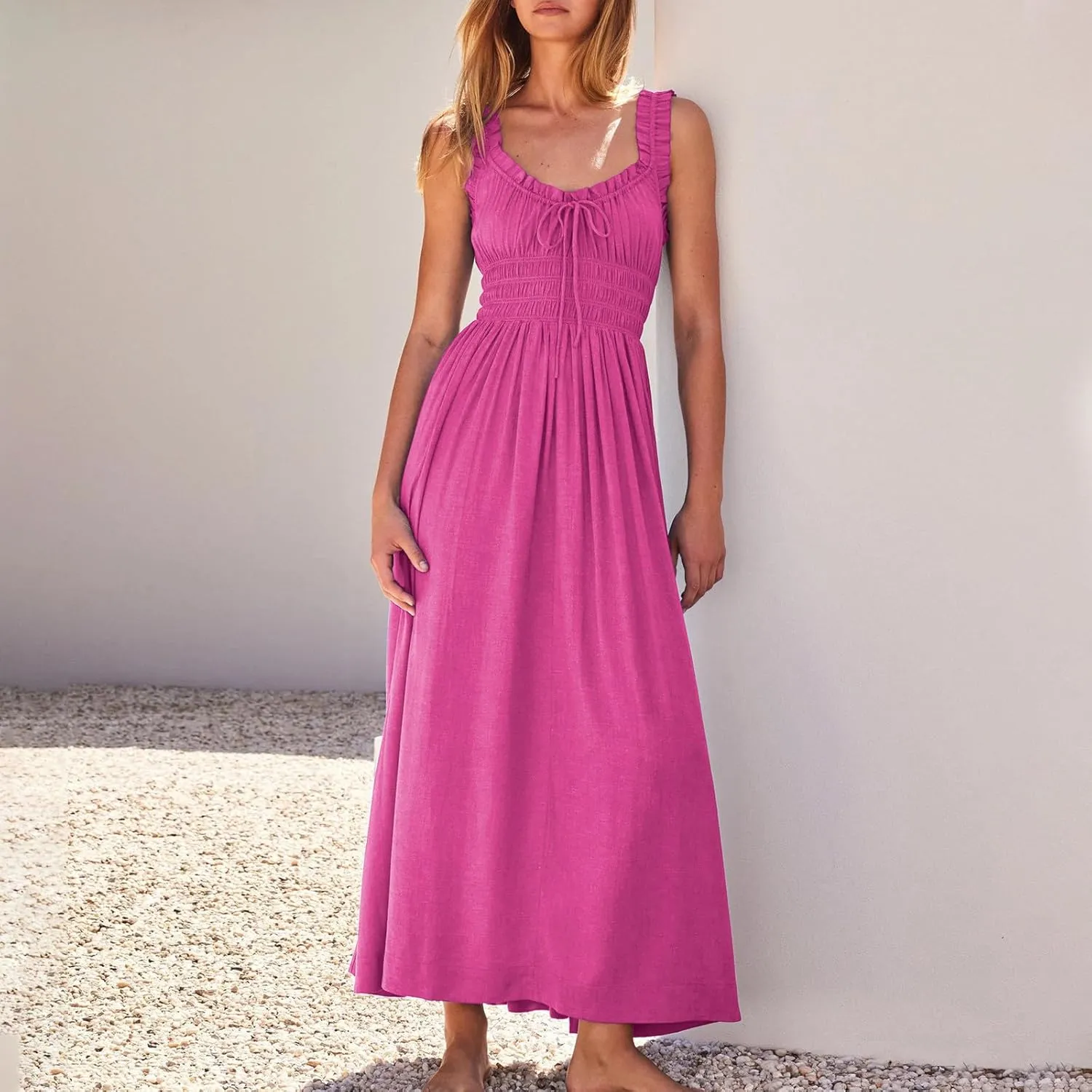 Summer Dresses for Women 2024 Smocked A Line Maxi Dress Sleeveless High Waist Beach Sun Dresses Flowy Milkmaid Dress