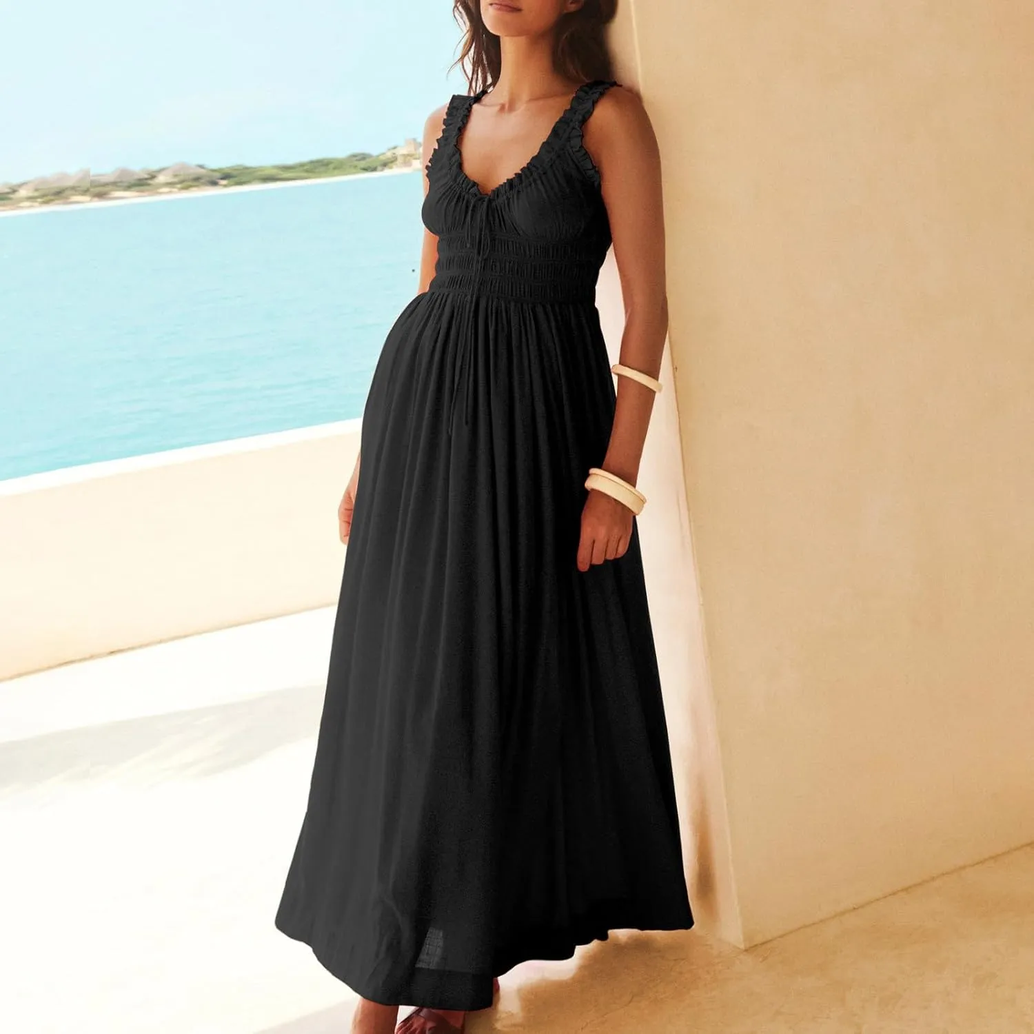 Summer Dresses for Women 2024 Smocked A Line Maxi Dress Sleeveless High Waist Beach Sun Dresses Flowy Milkmaid Dress