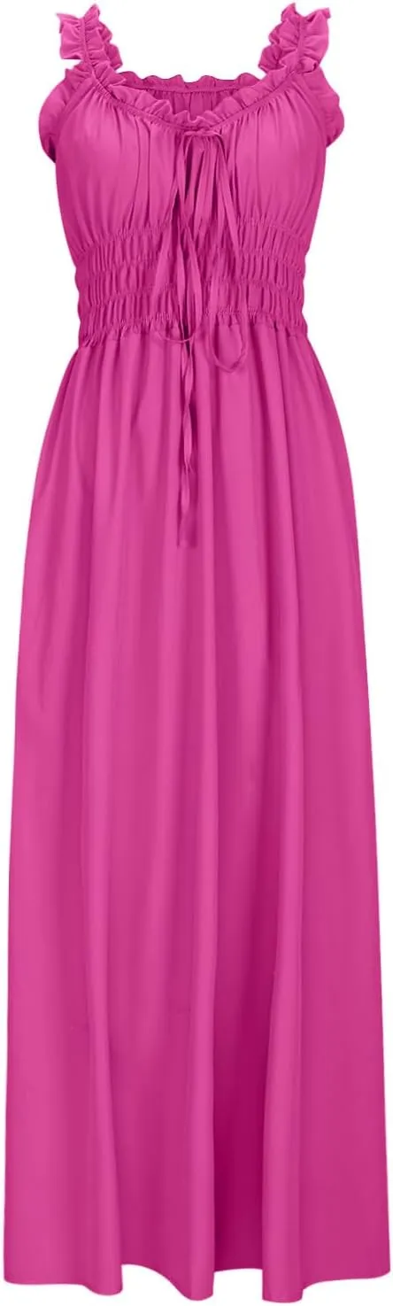 Summer Dresses for Women 2024 Smocked A Line Maxi Dress Sleeveless High Waist Beach Sun Dresses Flowy Milkmaid Dress