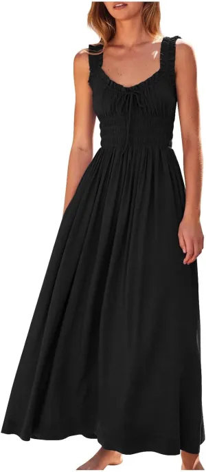 Summer Dresses for Women 2024 Smocked A Line Maxi Dress Sleeveless High Waist Beach Sun Dresses Flowy Milkmaid Dress