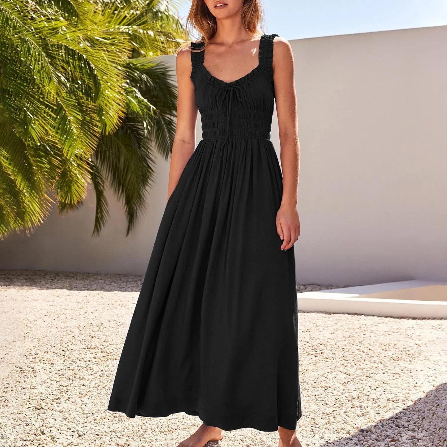 Summer Dresses for Women 2024 Smocked A Line Maxi Dress Sleeveless High Waist Beach Sun Dresses Flowy Milkmaid Dress