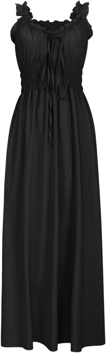 Summer Dresses for Women 2024 Smocked A Line Maxi Dress Sleeveless High Waist Beach Sun Dresses Flowy Milkmaid Dress