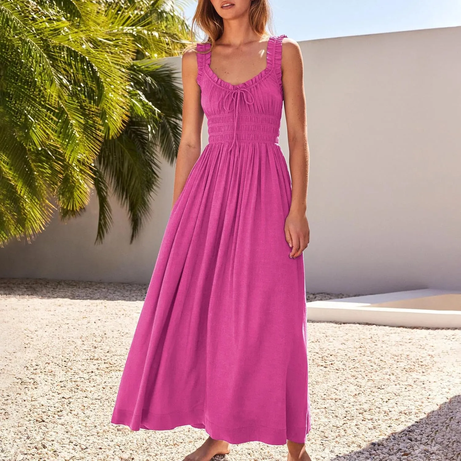Summer Dresses for Women 2024 Smocked A Line Maxi Dress Sleeveless High Waist Beach Sun Dresses Flowy Milkmaid Dress