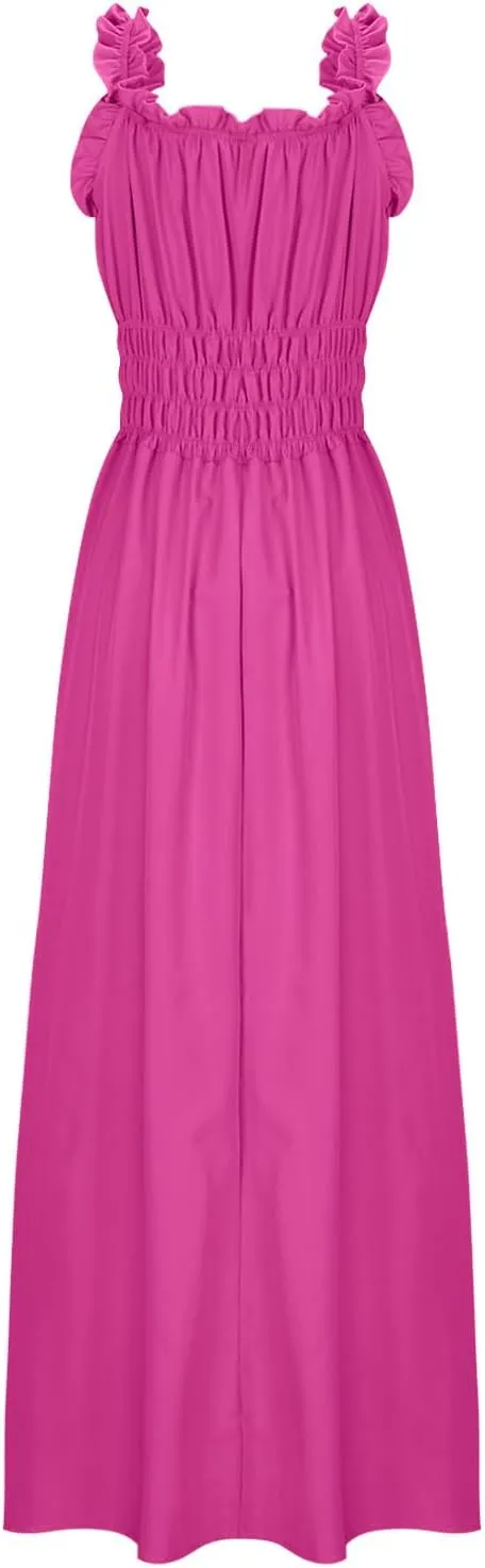 Summer Dresses for Women 2024 Smocked A Line Maxi Dress Sleeveless High Waist Beach Sun Dresses Flowy Milkmaid Dress