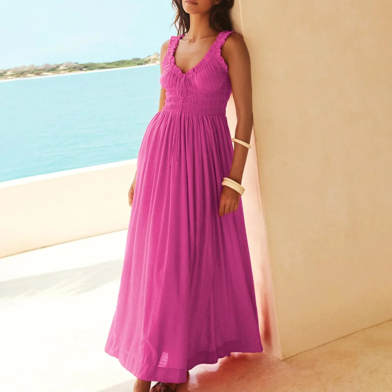 Summer Dresses for Women 2024 Smocked A Line Maxi Dress Sleeveless High Waist Beach Sun Dresses Flowy Milkmaid Dress