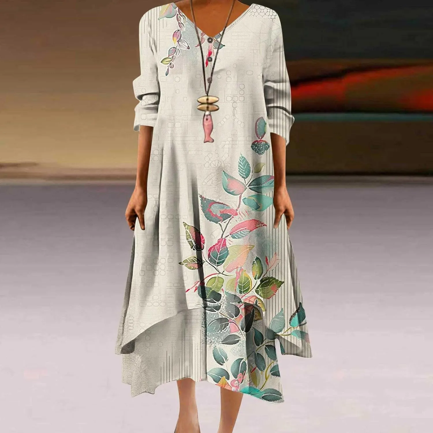 Summer Dresses for Women 2024 Vacation Plus Size 3/4 Sleeve Printed Dresses Button Down Irregular Ankle Length Dress