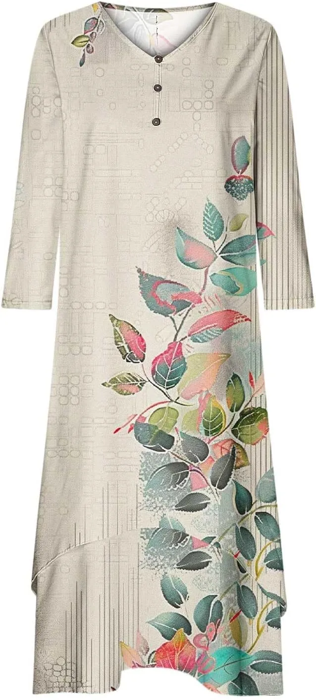 Summer Dresses for Women 2024 Vacation Plus Size 3/4 Sleeve Printed Dresses Button Down Irregular Ankle Length Dress