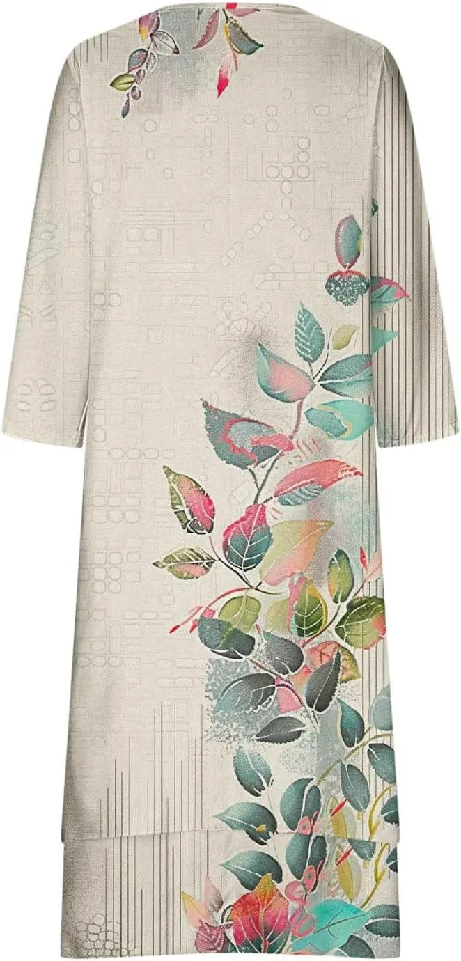 Summer Dresses for Women 2024 Vacation Plus Size 3/4 Sleeve Printed Dresses Button Down Irregular Ankle Length Dress