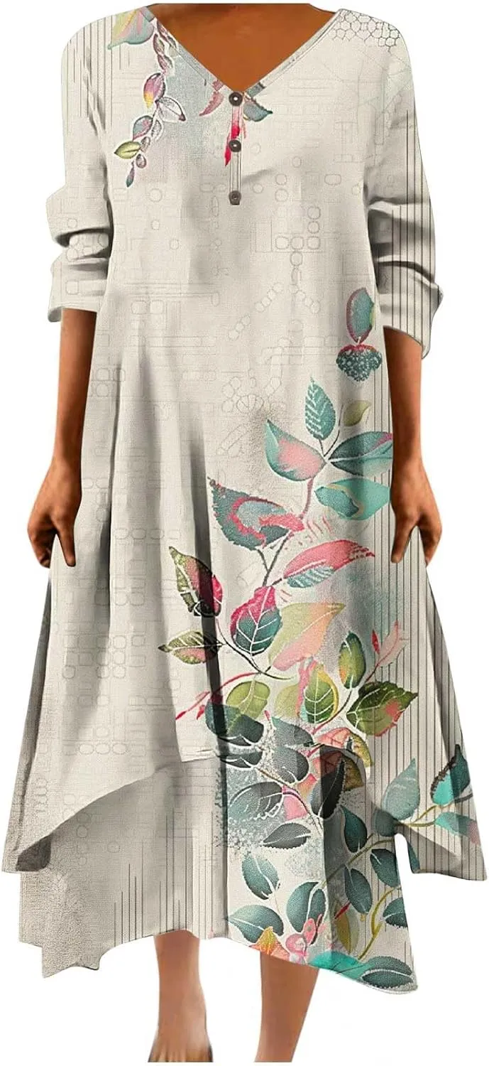 Summer Dresses for Women 2024 Vacation Plus Size 3/4 Sleeve Printed Dresses Button Down Irregular Ankle Length Dress