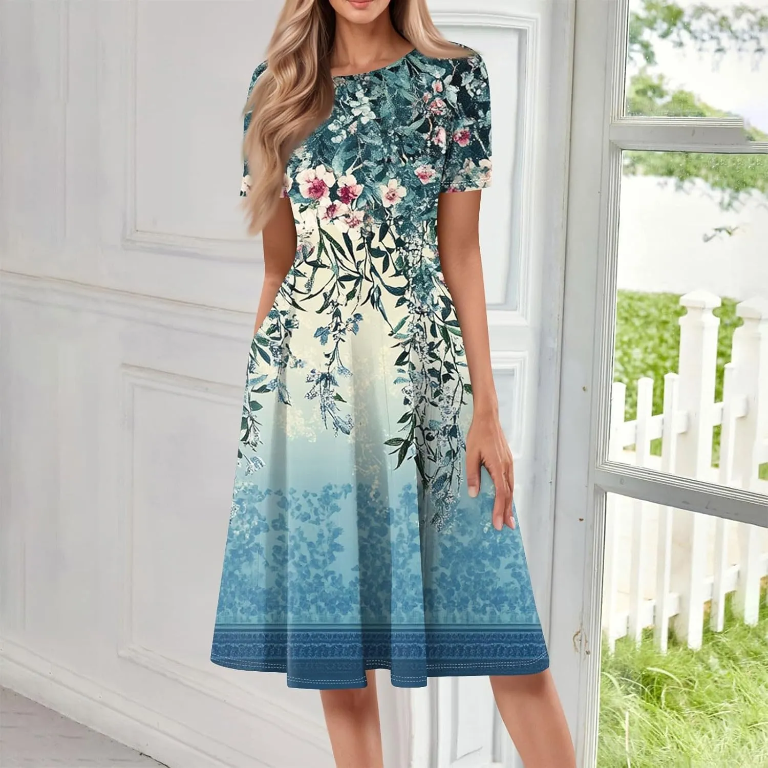 Summer Dresses for Women 2025 Beach Vacation Crewneck Short Sleeve Elegant A Line Dress Side Pockets Midi Sun Dress