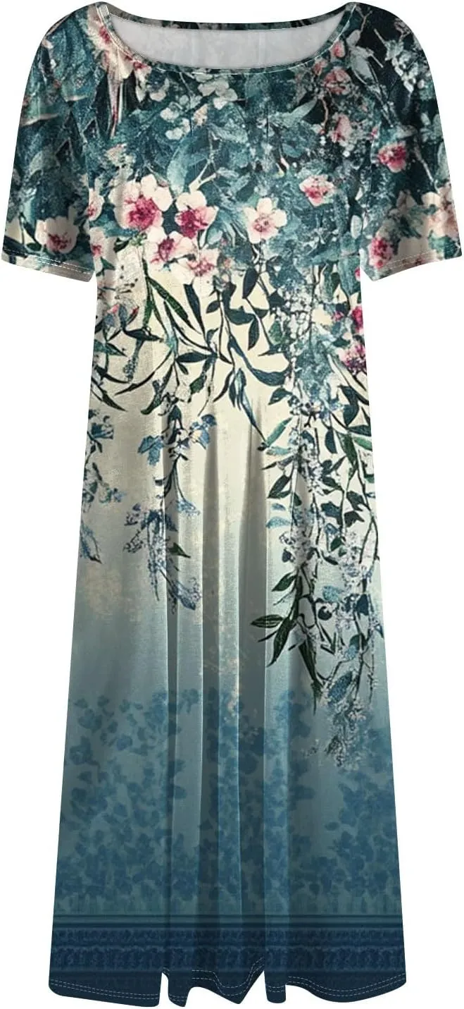 Summer Dresses for Women 2025 Beach Vacation Crewneck Short Sleeve Elegant A Line Dress Side Pockets Midi Sun Dress