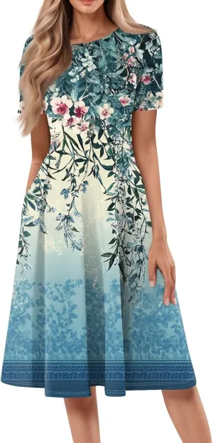 Summer Dresses for Women 2025 Beach Vacation Crewneck Short Sleeve Elegant A Line Dress Side Pockets Midi Sun Dress