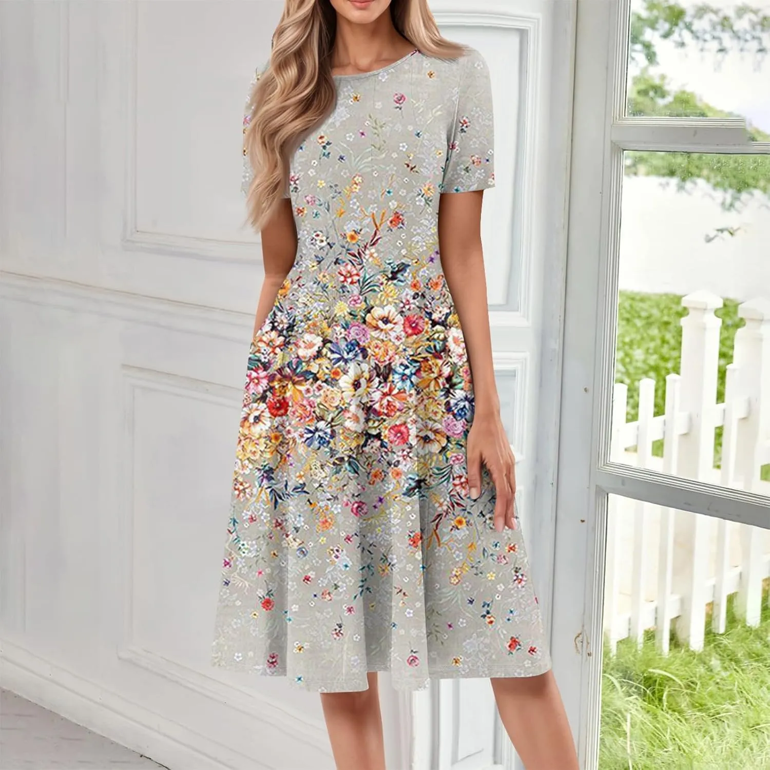 Summer Dresses for Women 2025 Beach Vacation Elegant A Line Dress Side Pockets Crewneck Short Sleeve Midi Sun Dress