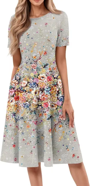 Summer Dresses for Women 2025 Beach Vacation Elegant A Line Dress Side Pockets Crewneck Short Sleeve Midi Sun Dress