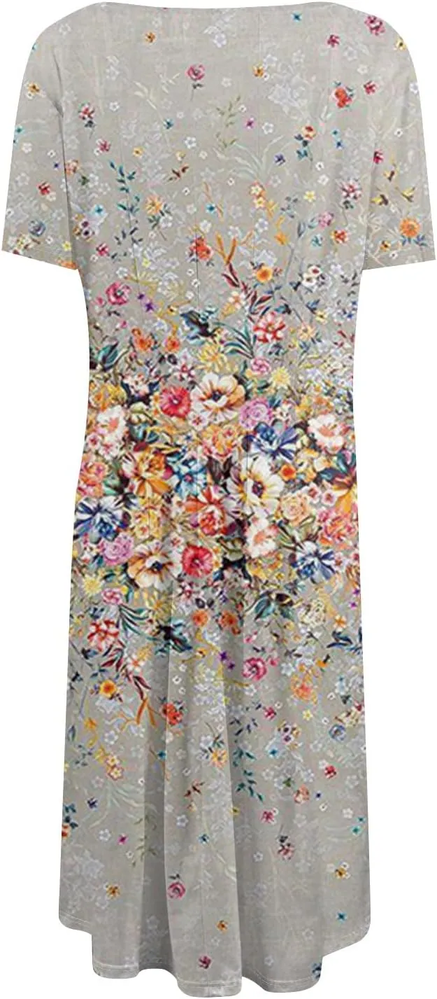 Summer Dresses for Women 2025 Beach Vacation Elegant A Line Dress Side Pockets Crewneck Short Sleeve Midi Sun Dress