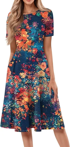 Summer Dresses for Women 2025 Beach Vacation Elegant A Line Dress Side Pockets Crewneck Short Sleeve Midi Sun Dress
