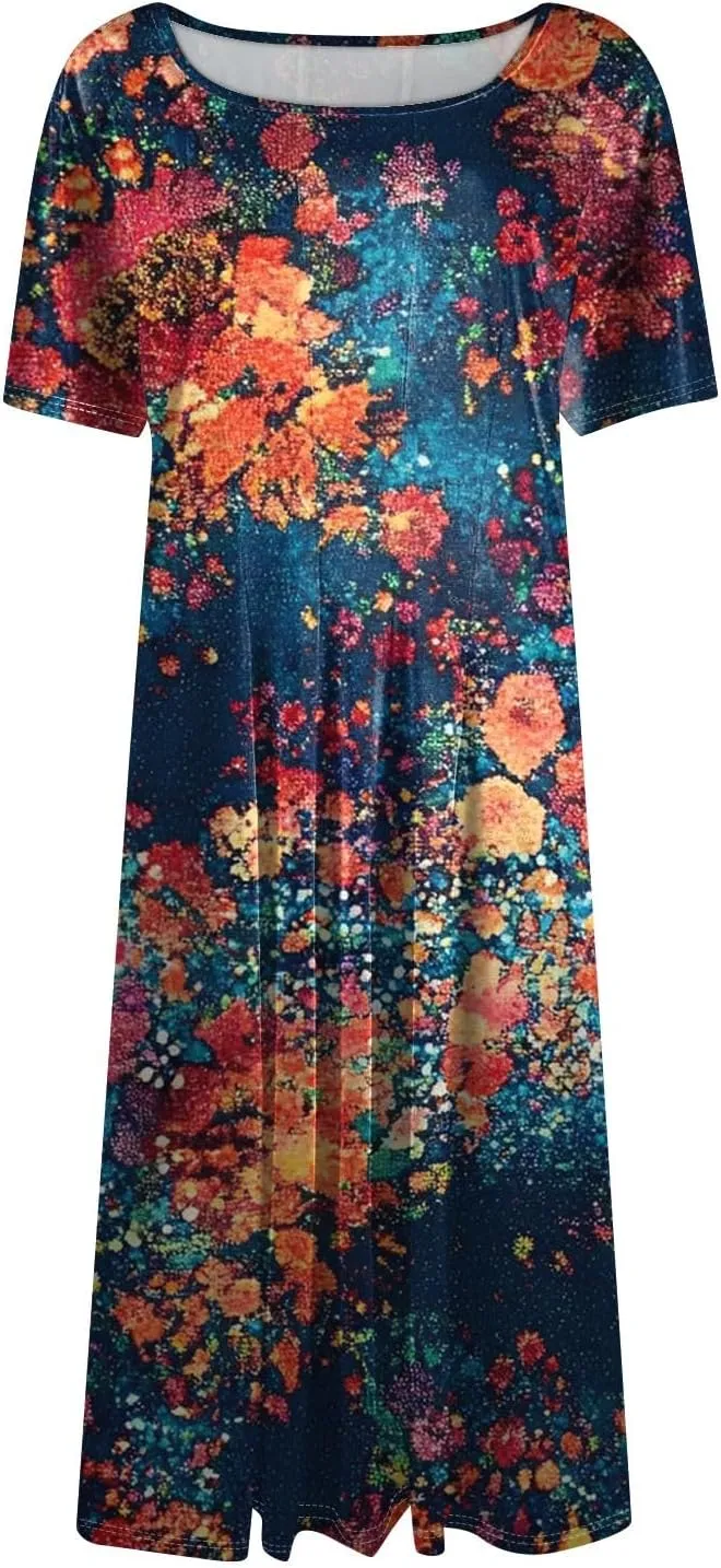 Summer Dresses for Women 2025 Beach Vacation Elegant A Line Dress Side Pockets Crewneck Short Sleeve Midi Sun Dress