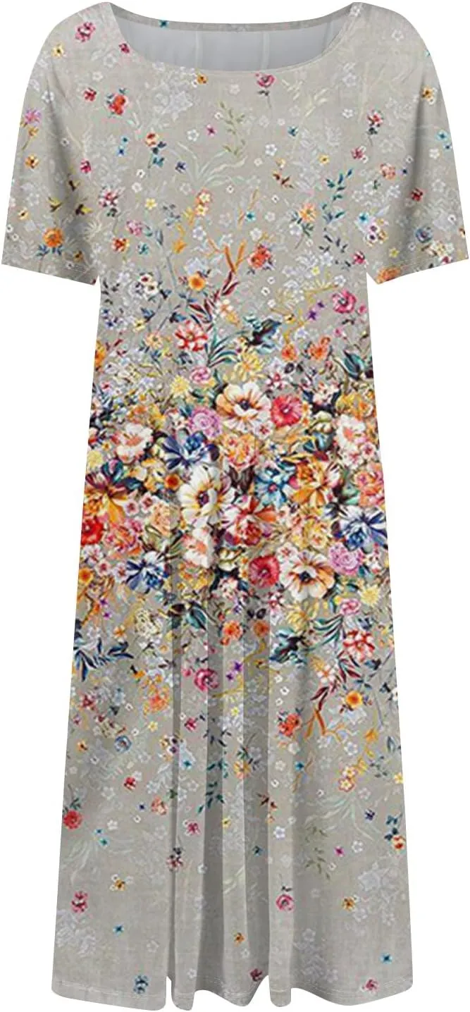 Summer Dresses for Women 2025 Beach Vacation Elegant A Line Dress Side Pockets Crewneck Short Sleeve Midi Sun Dress