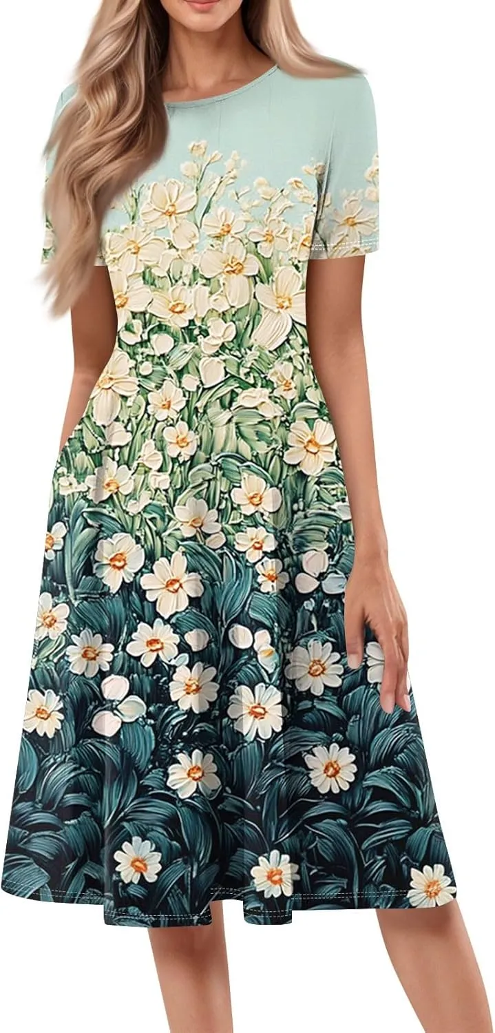 Summer Dresses for Women 2025 Beach Vacation Elegant Crewneck Short Sleeve A Line Dress Side Pockets Midi Sun Dress