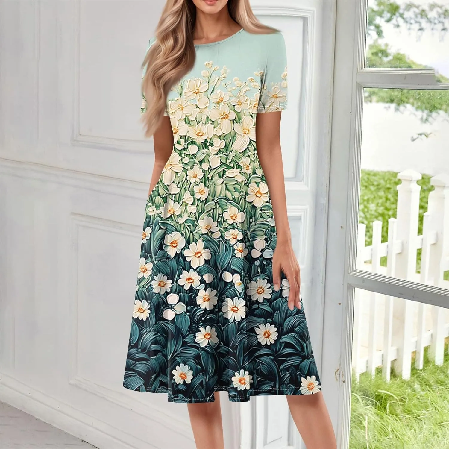 Summer Dresses for Women 2025 Beach Vacation Elegant Crewneck Short Sleeve A Line Dress Side Pockets Midi Sun Dress