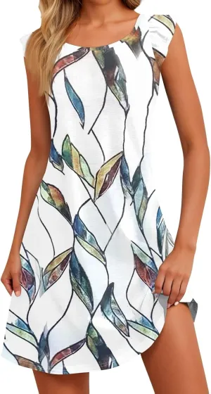 Summer Dresses for Women 2025 Boho Floral Print Solid Ruffle Sleeve Vacation Tank Sundress Crewneck T-Shirt Dress