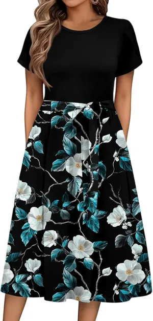 Summer Dresses for Women 2025 Casual Loose Trendy Short Sleeve Crewneck Floral Print Boho Midi Dress, S-2XL
