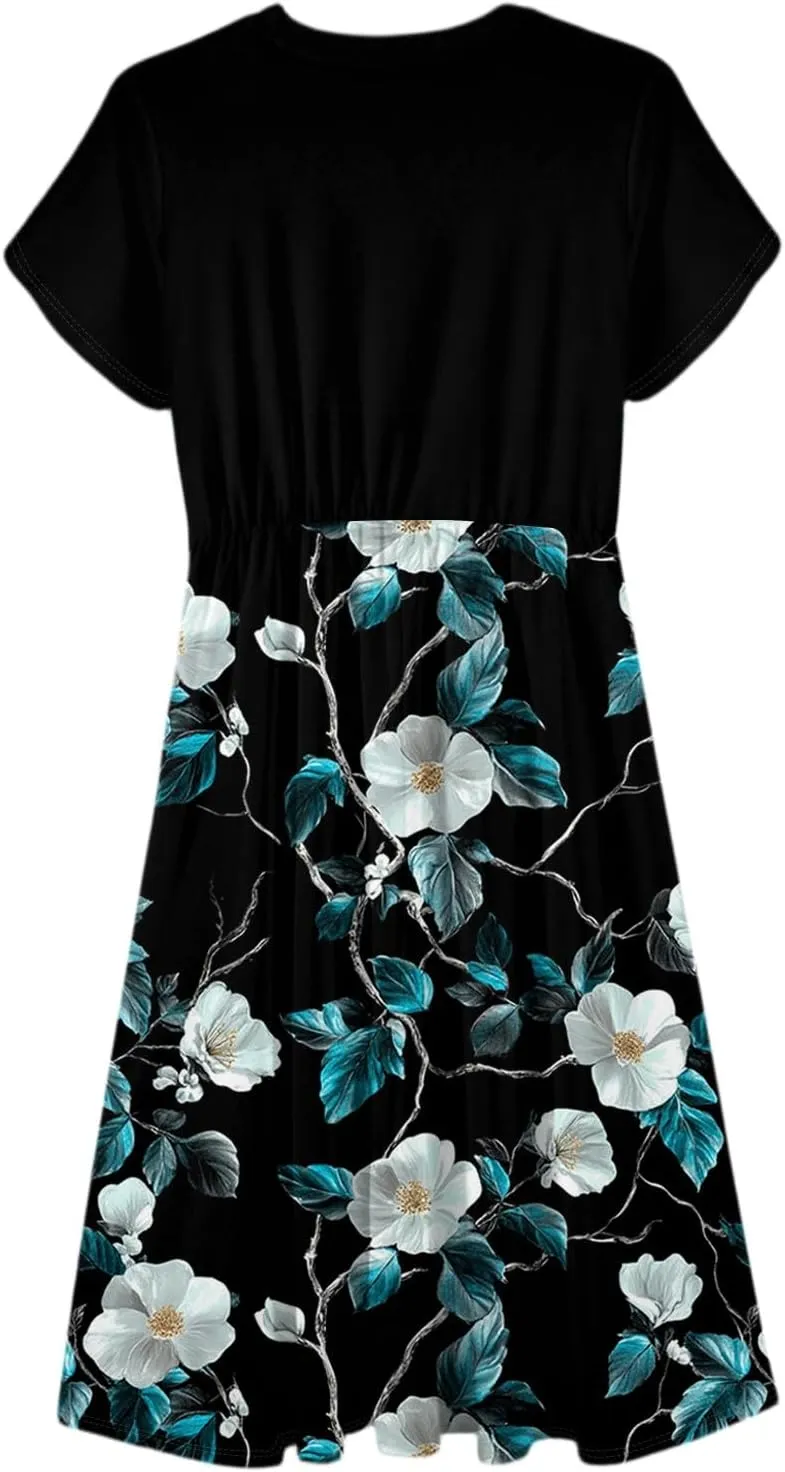 Summer Dresses for Women 2025 Casual Loose Trendy Short Sleeve Crewneck Floral Print Boho Midi Dress, S-2XL