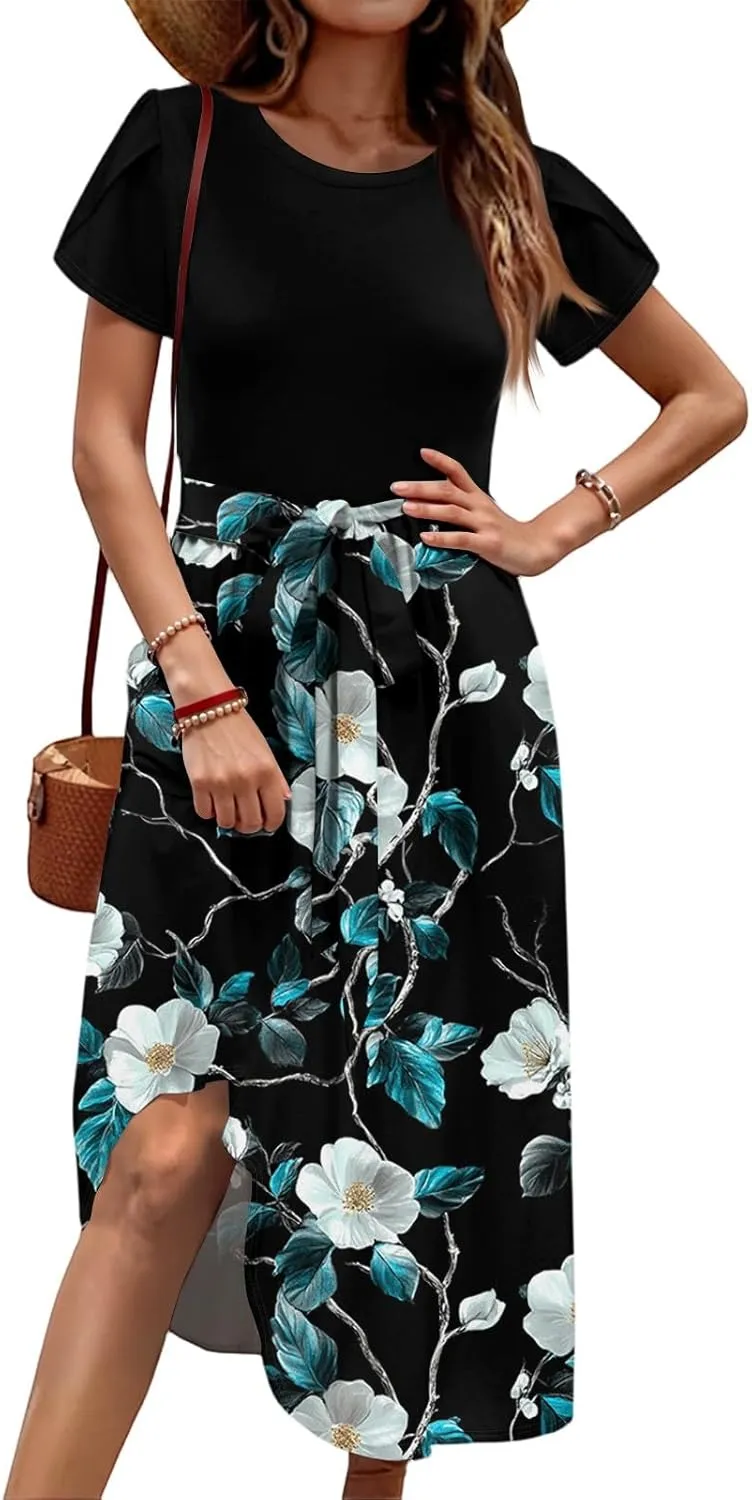 Summer Dresses for Women 2025 Casual Loose Trendy Short Sleeve Crewneck Floral Print Boho Midi Dress, S-2XL