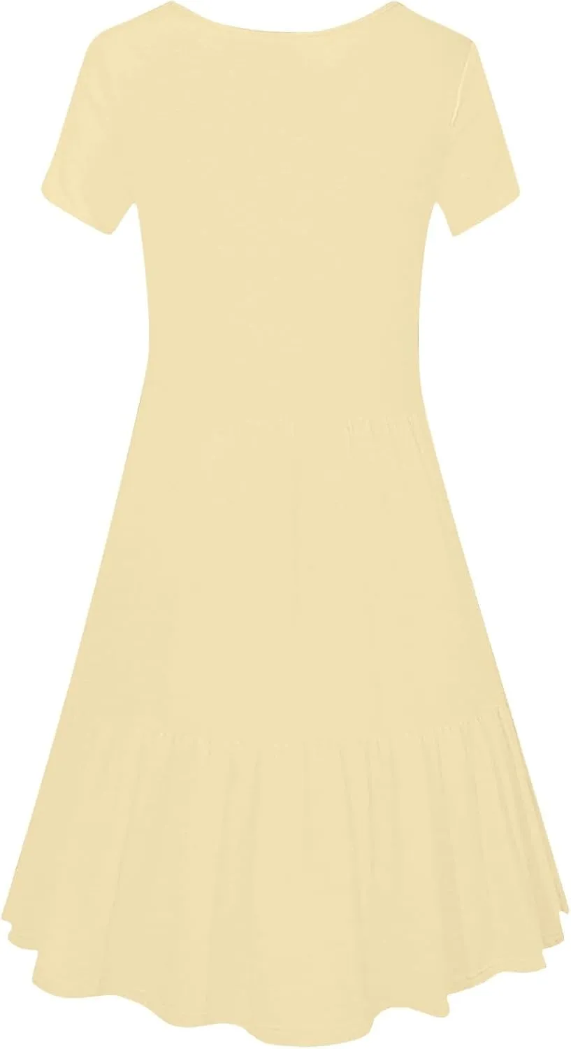Summer Dresses for Women 2025 Casual Short Sleeve A-Line Sundresses Square Neck Tiered Shirts Dress with Pockets