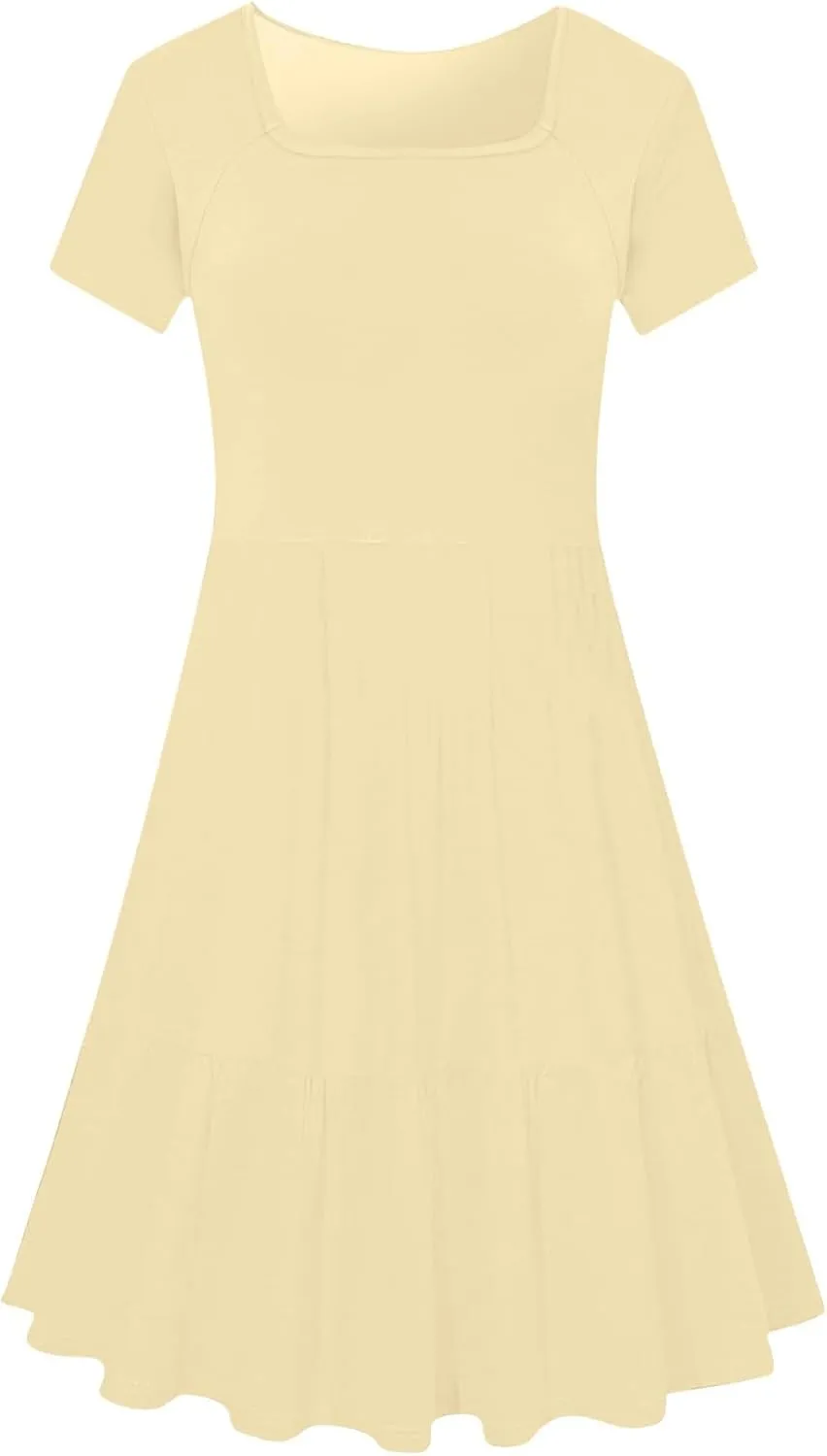 Summer Dresses for Women 2025 Casual Short Sleeve A-Line Sundresses Square Neck Tiered Shirts Dress with Pockets