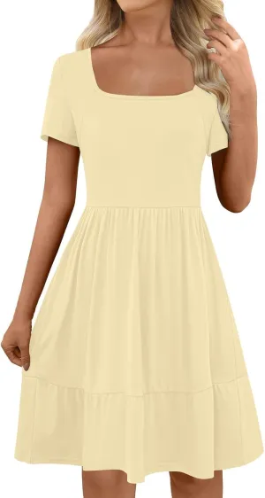 Summer Dresses for Women 2025 Casual Short Sleeve A-Line Sundresses Square Neck Tiered Shirts Dress with Pockets