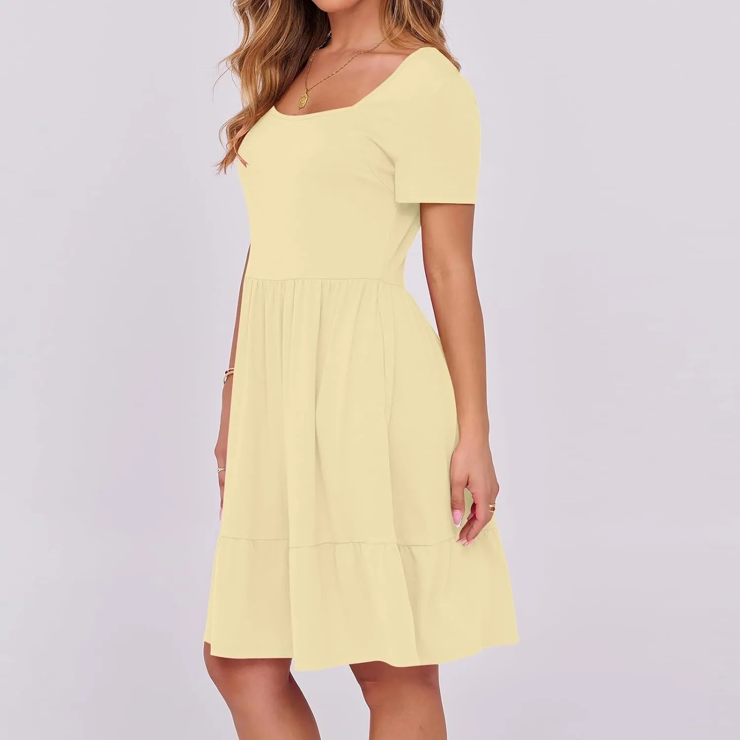Summer Dresses for Women 2025 Casual Short Sleeve A-Line Sundresses Square Neck Tiered Shirts Dress with Pockets