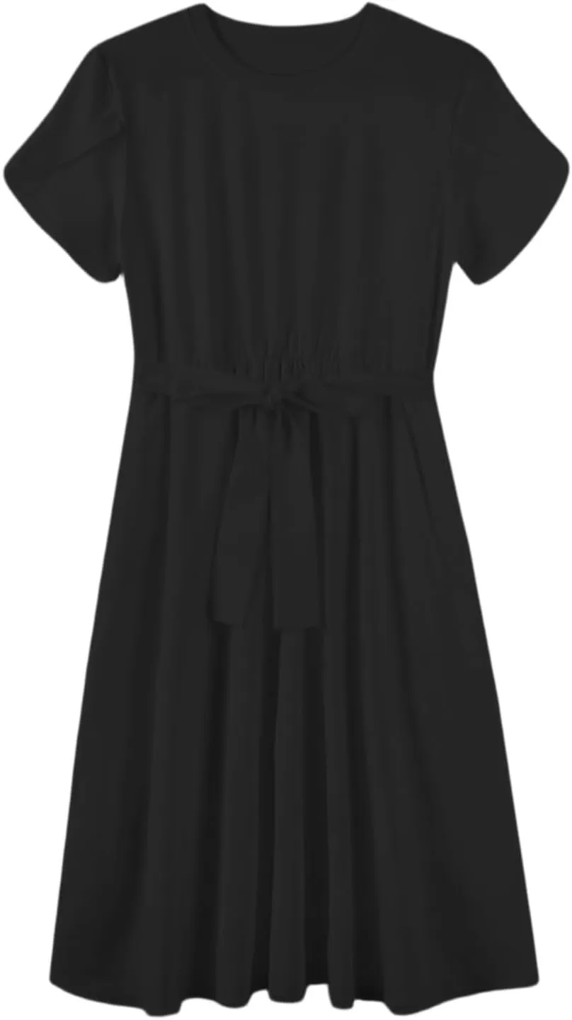 Summer Dresses for Women 2025 Casual Short Sleeve Midi Dresses with Belt Floral Print Aline Dress Beach Sundresses