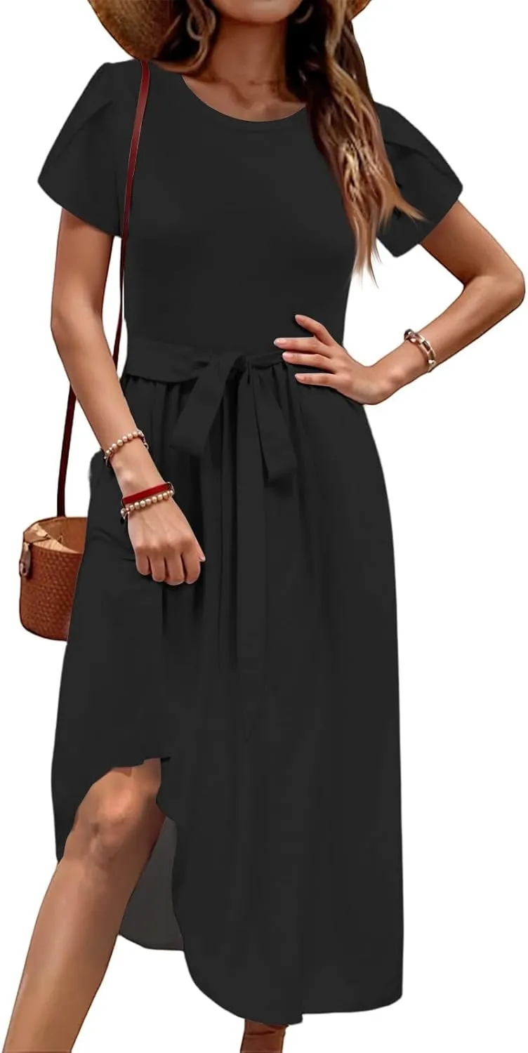 Summer Dresses for Women 2025 Casual Short Sleeve Midi Dresses with Belt Floral Print Aline Dress Beach Sundresses