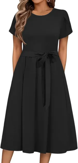Summer Dresses for Women 2025 Casual Short Sleeve Midi Dresses with Belt Floral Print Aline Dress Beach Sundresses