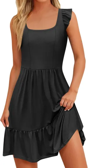 Summer Dresses for Women 2025 Casual Sleeveless Ruffle Flowy Midi Dress Square Neck Tiered Boho Beach Tunic Sundress