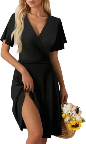 Summer Dresses for Women 2025 Casual Sun Dresses Short Sleeve v Neck Beach Vacation midi Dresses with Pockets