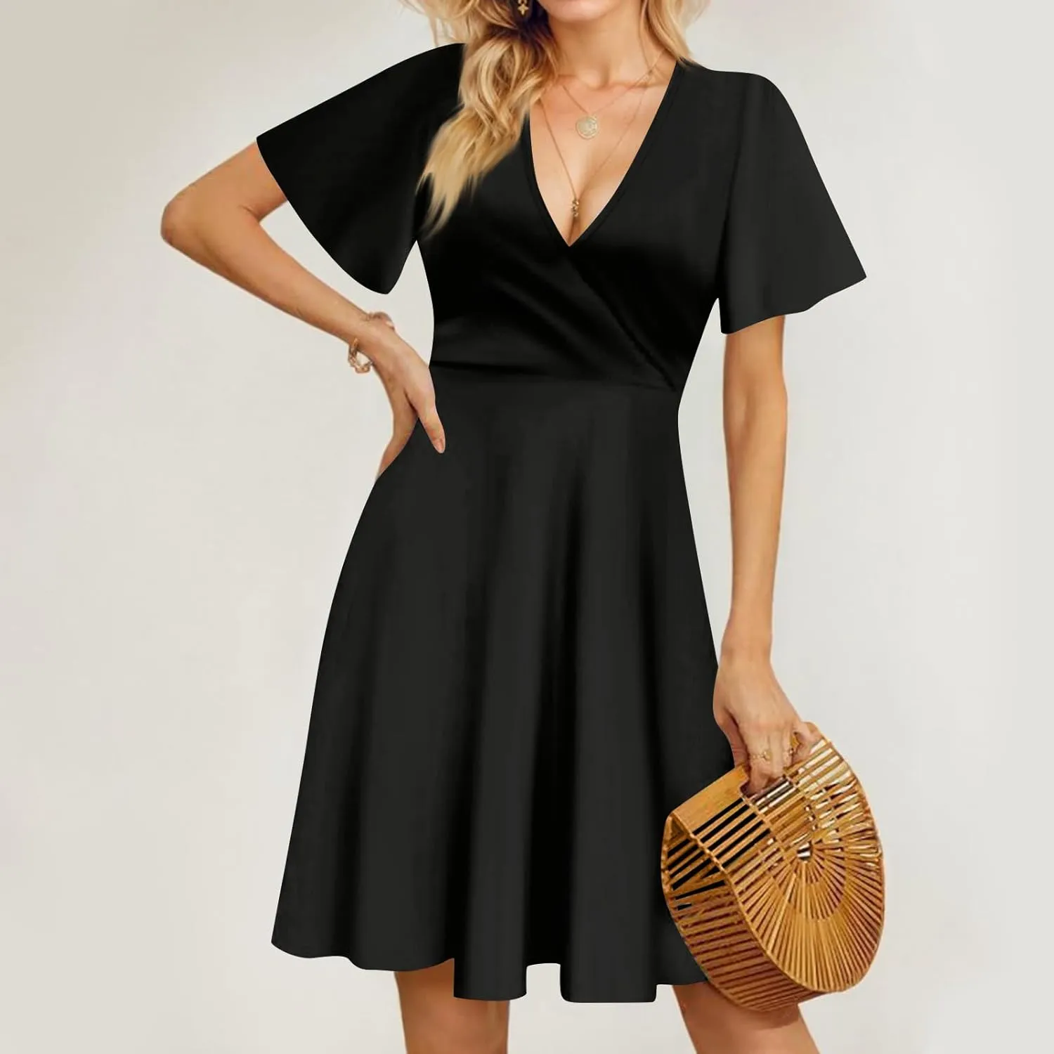 Summer Dresses for Women 2025 Casual Sun Dresses Short Sleeve v Neck Beach Vacation midi Dresses with Pockets